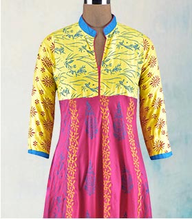 pink rayon block printed anarkali kurta