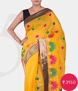 embroidered yellow cotton art silk saree
