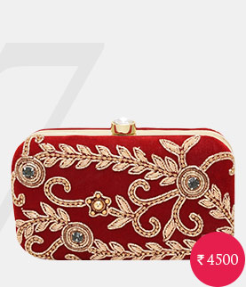 red embellished velvet box clutch