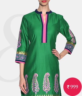 green printed quarter sleeved poly cotton kurti