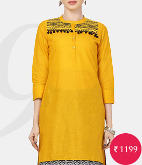dark yellow printed cotton high-low kurta