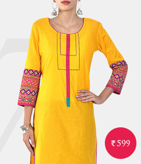 yellow cambric printed three quarter sleeved long kurta