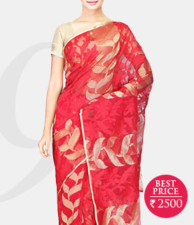 red cotton silk printed saree