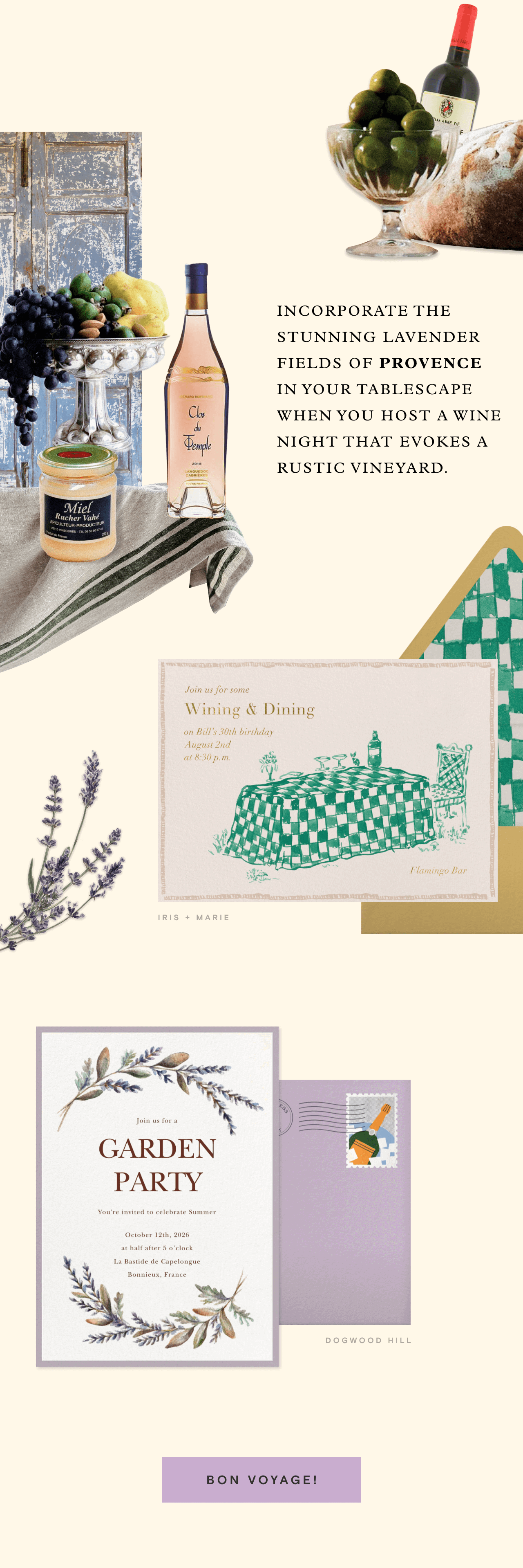 Wining & Dining. GARDEN PARTY. BON VOYAGE!