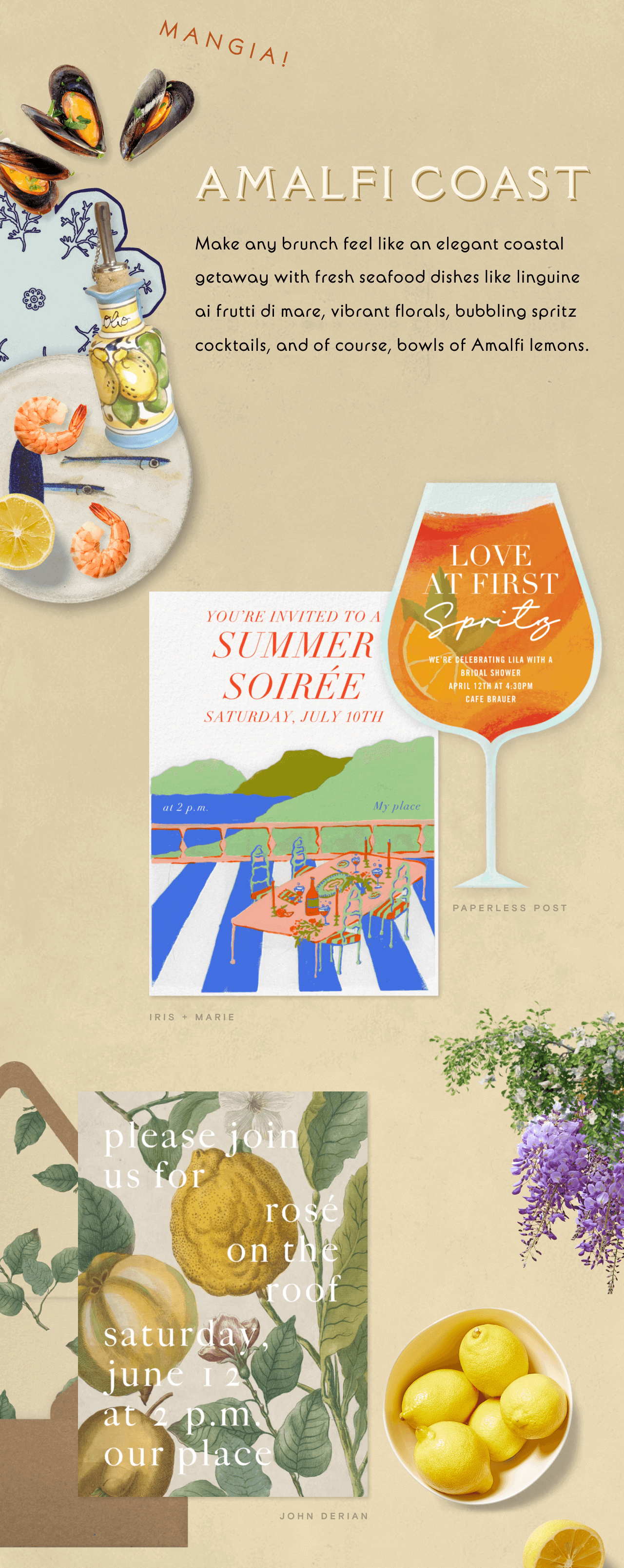 MANGIA!. AMALFI COAST. LOVE AT FIRST Spritz. YOU'RE INVITED TO A SUMMER SOIREE. 