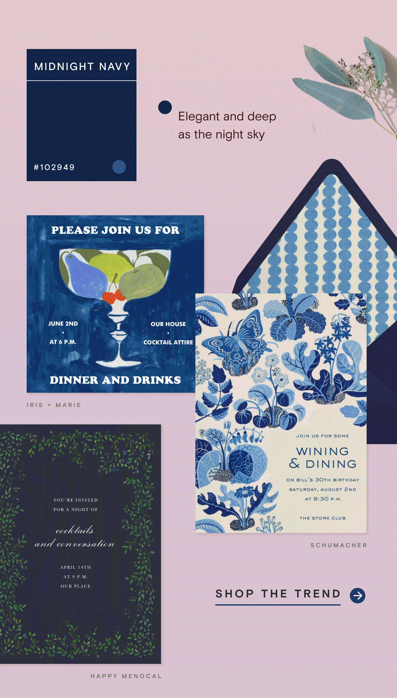 MIDNIGHT NAVY. PLEASE JOIN US FOR DINNER AND DRINKS. SHOP THE TREND