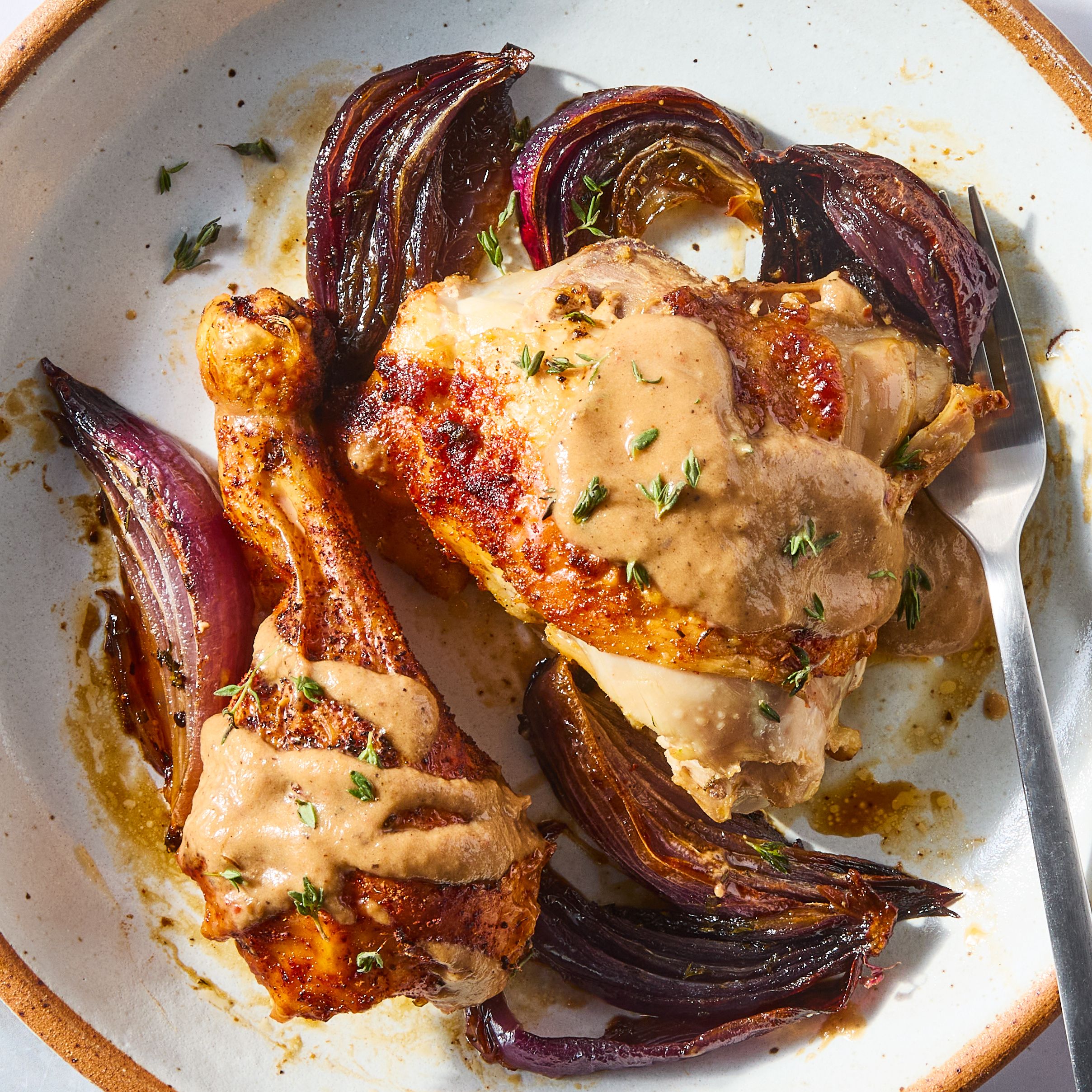 The Sauce On This Sheet-Pan Roasted Red Onion Chicken Is Worth Obsessing Over