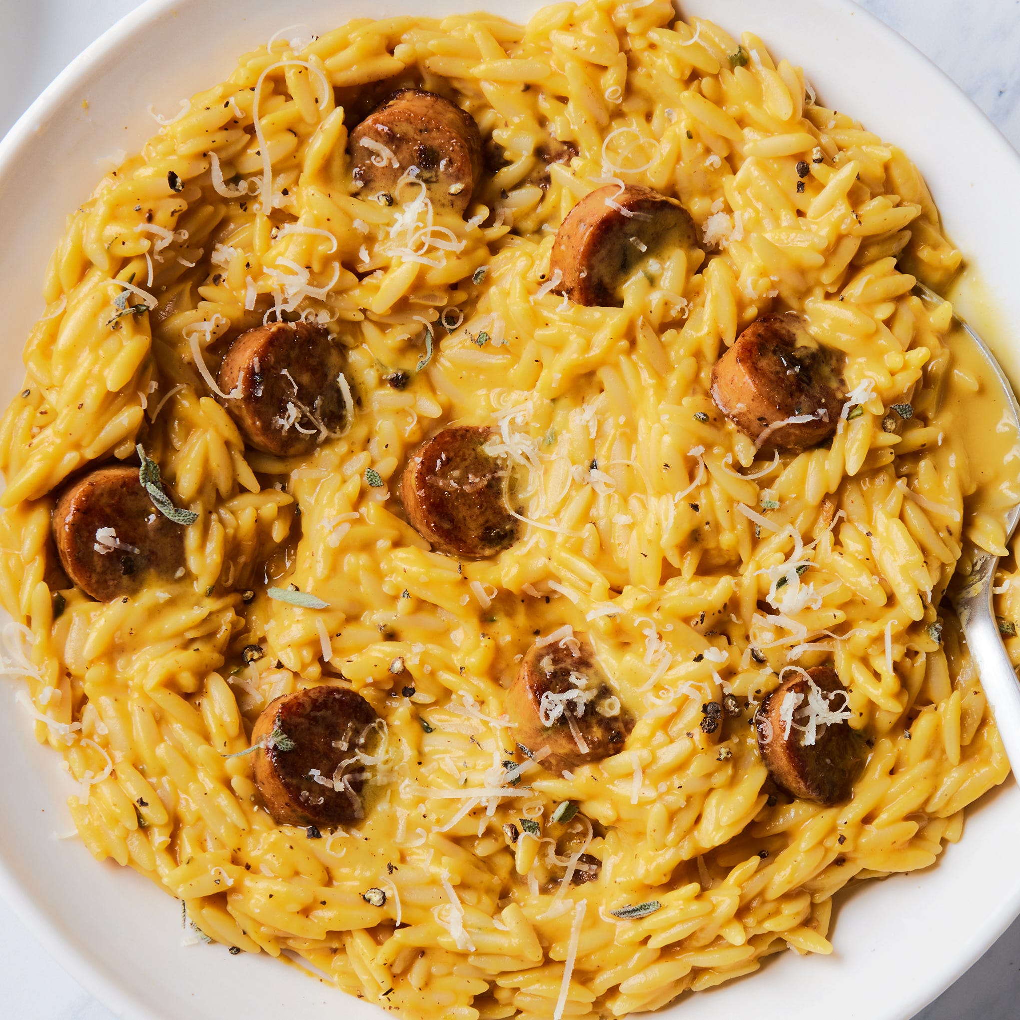 Pumpkin Orzo With Chicken Sausage