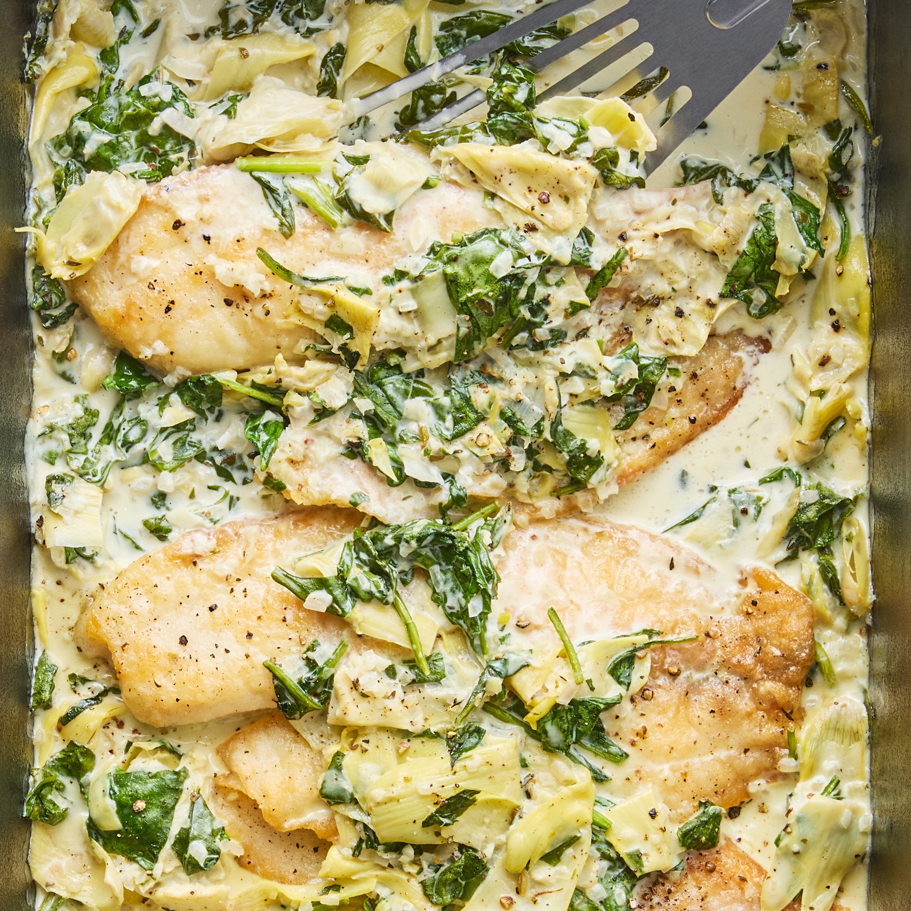 Creamy Spinach & Artichoke Baked Tilapia