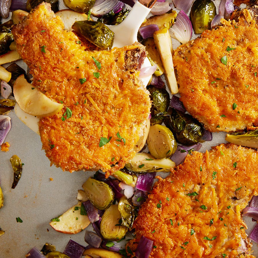 Crispy Cheddar Pork Chops With Brussels Sprouts & Apples