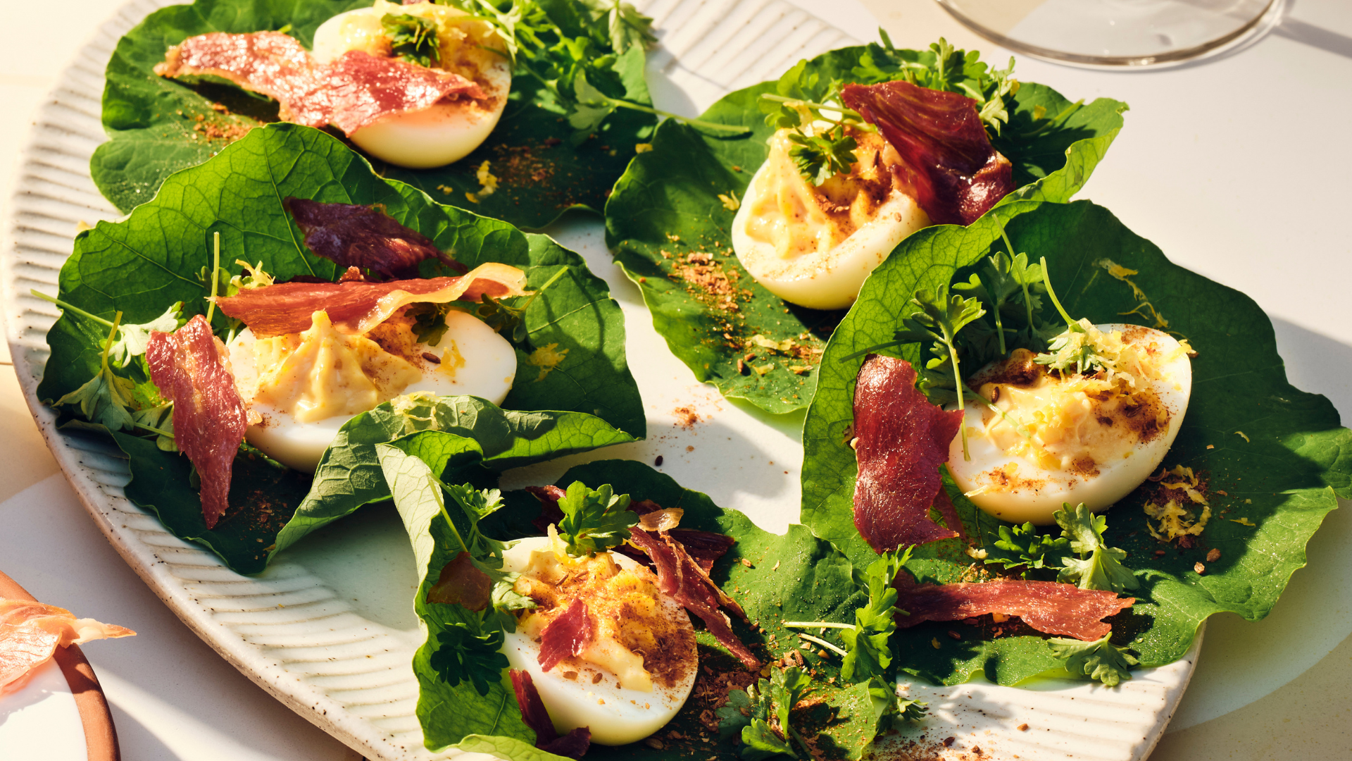 Spanish devilled eggs with jamón chips