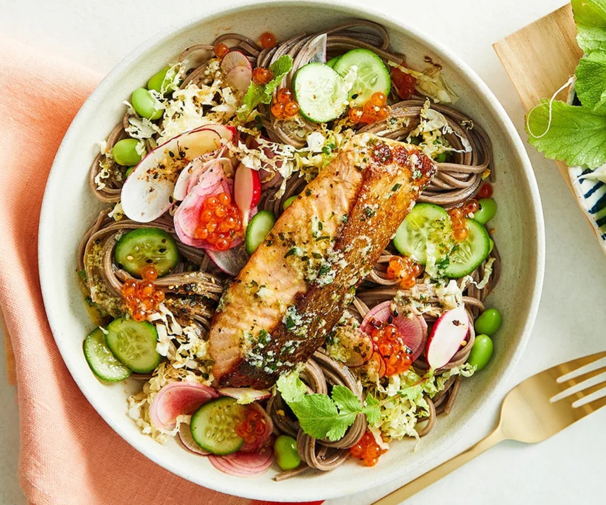 Salmon noodle bowl with radish and ginger butter