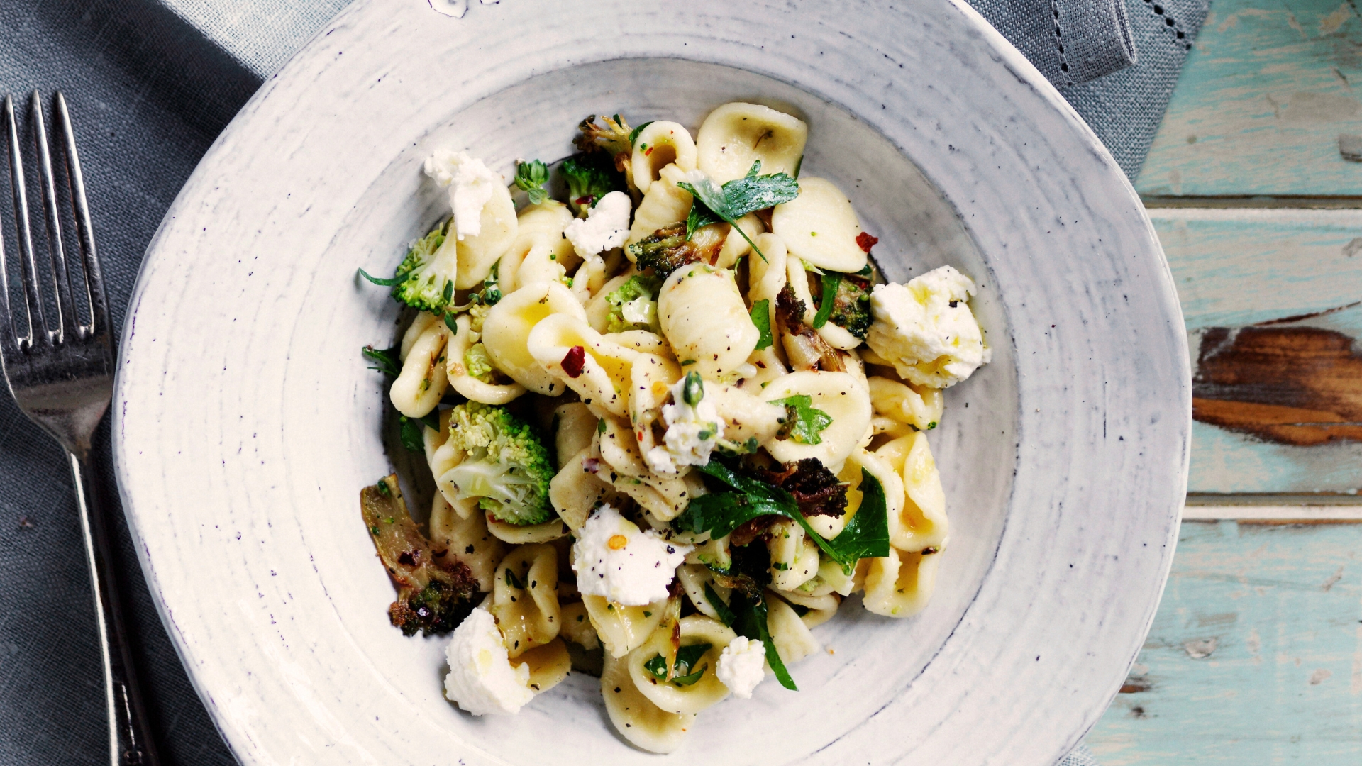 Orecchiette with broccoli, anchovies and ricotta