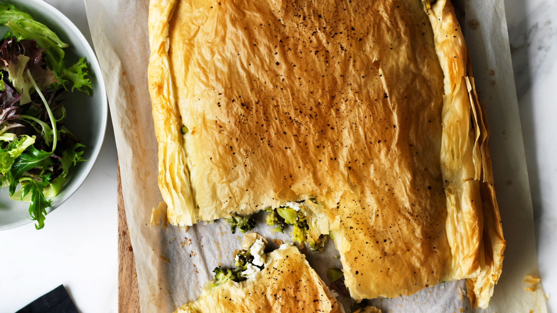 Flaky broccoli, feta and anchovy fillo pie