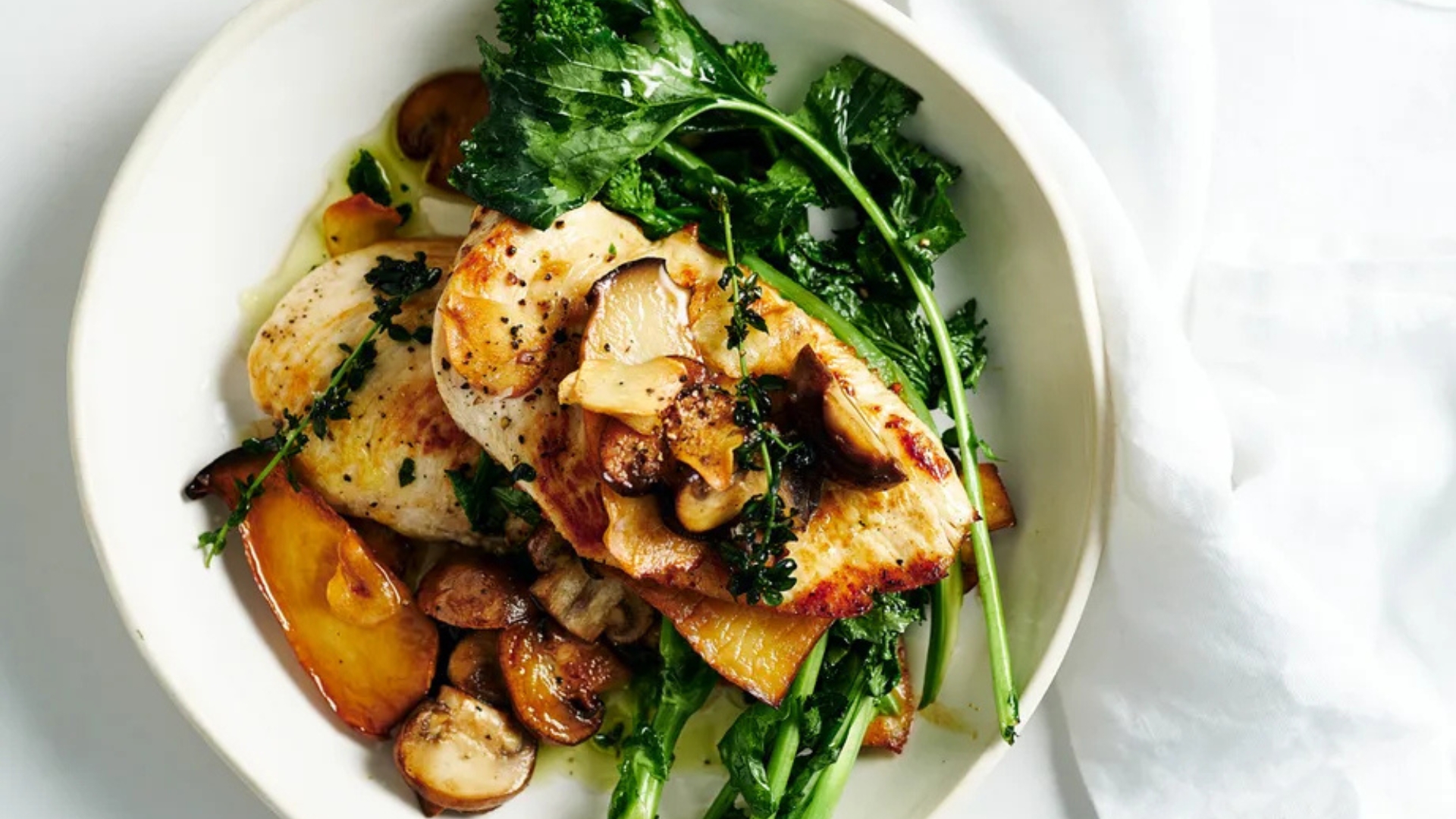 Chicken scallopini with mushrooms and broccoli rabe
