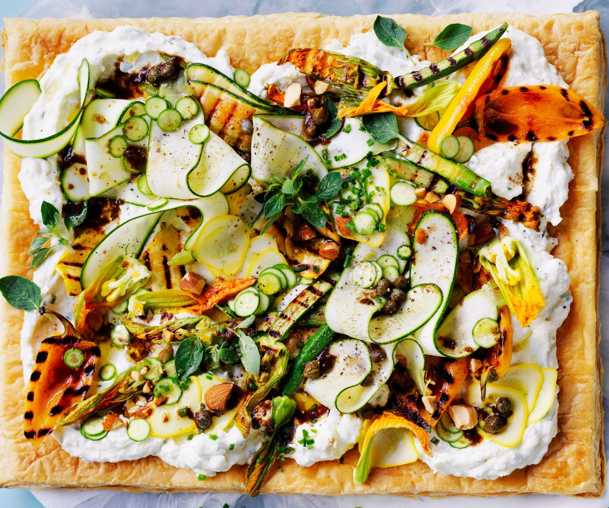 Salted ricotta tart with zucchini and black garlic