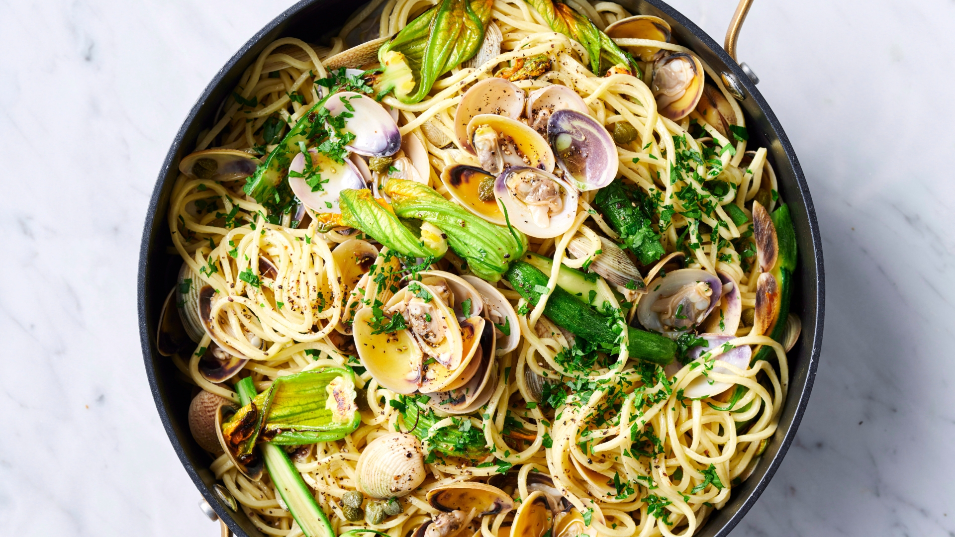 Vongole, zucchini blossom and brown butter spaghetti
