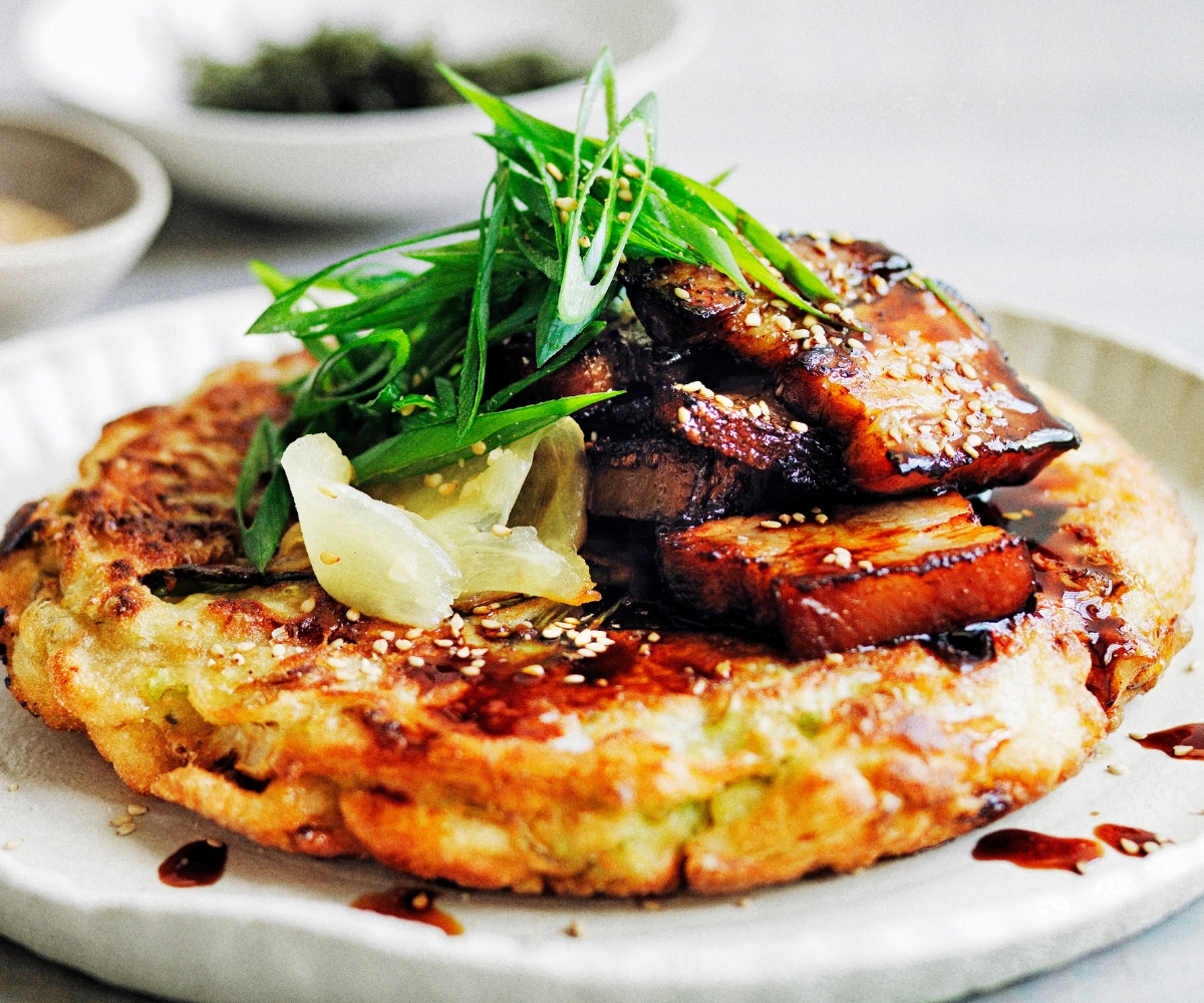 Okonomiyaki with sticky soy pork belly