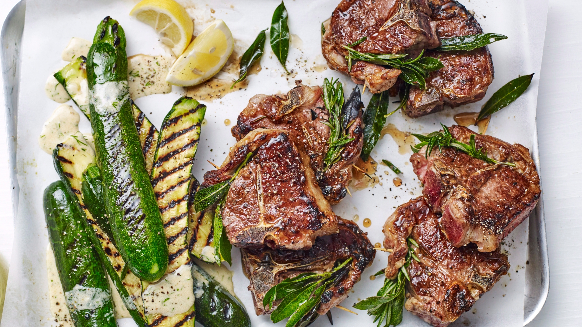 Quick lamb chops with grilled zucchini and tahini