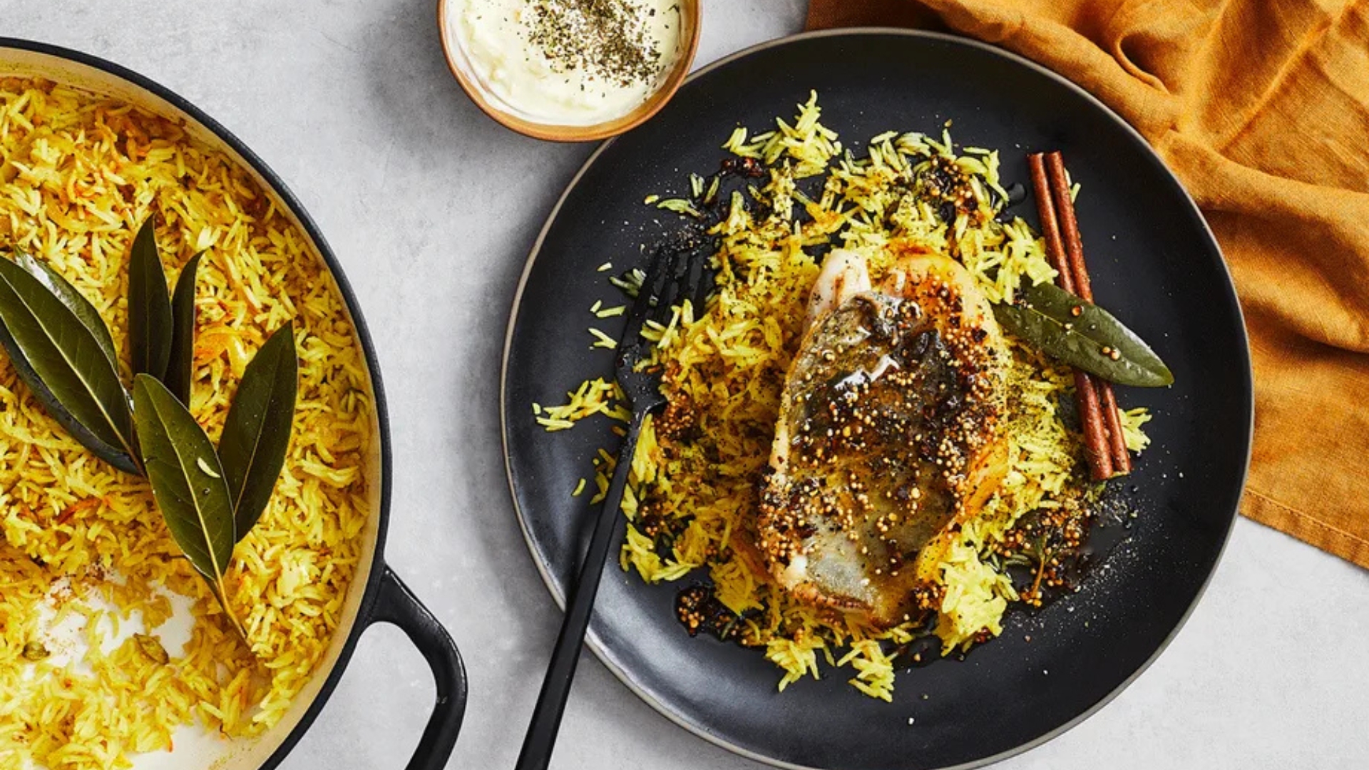Golden biryani with John Dory and lemon raita
