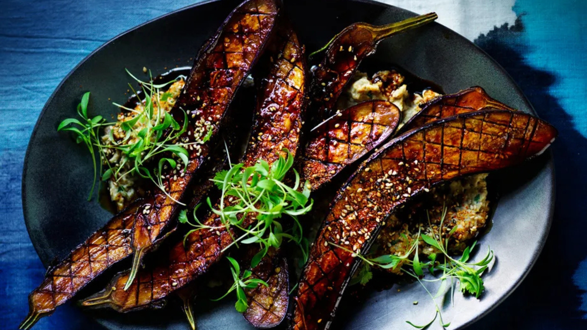 Burnt honey and teriyaki-glazed eggplant