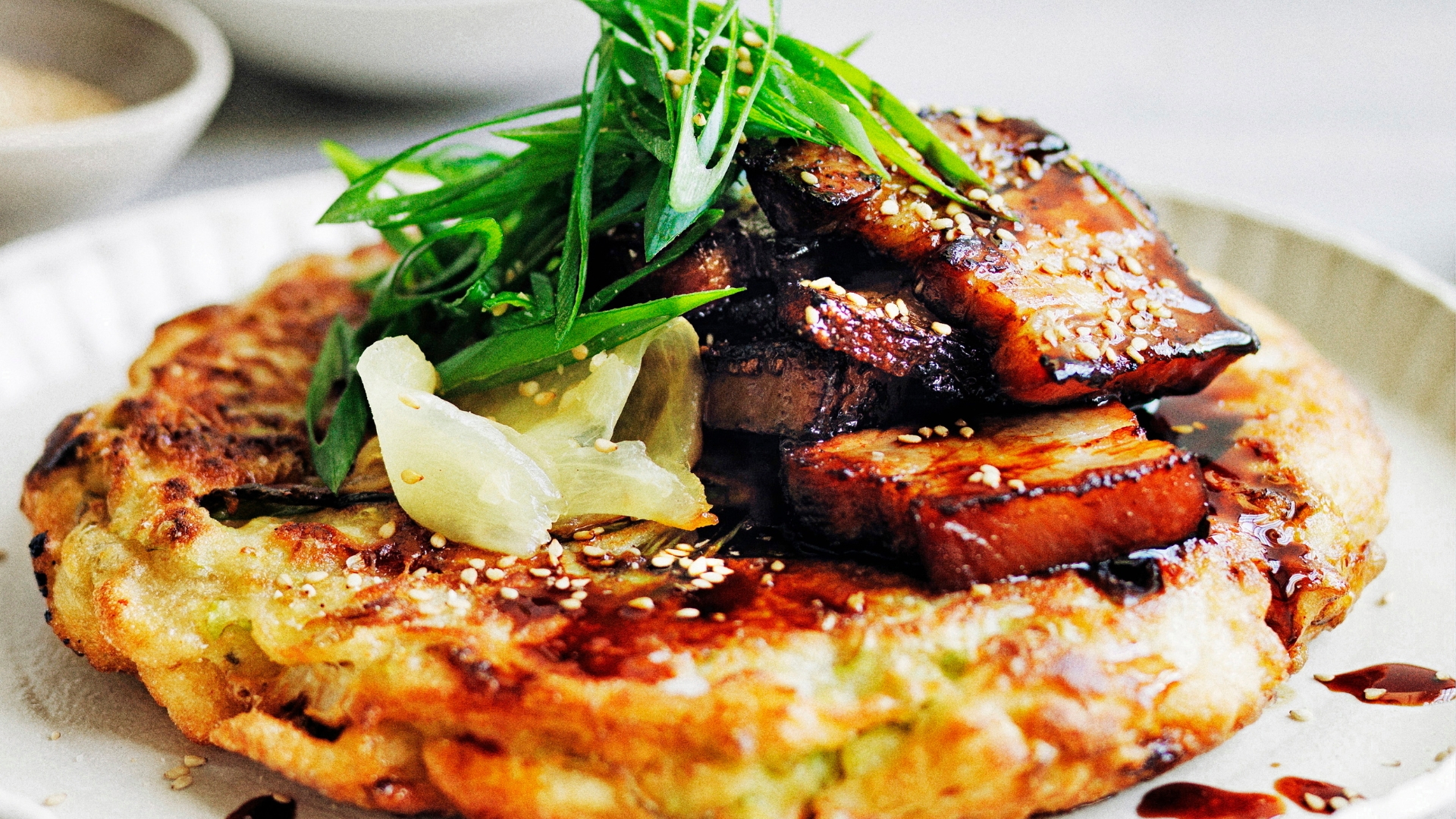 Okonomiyaki with sticky soy pork belly