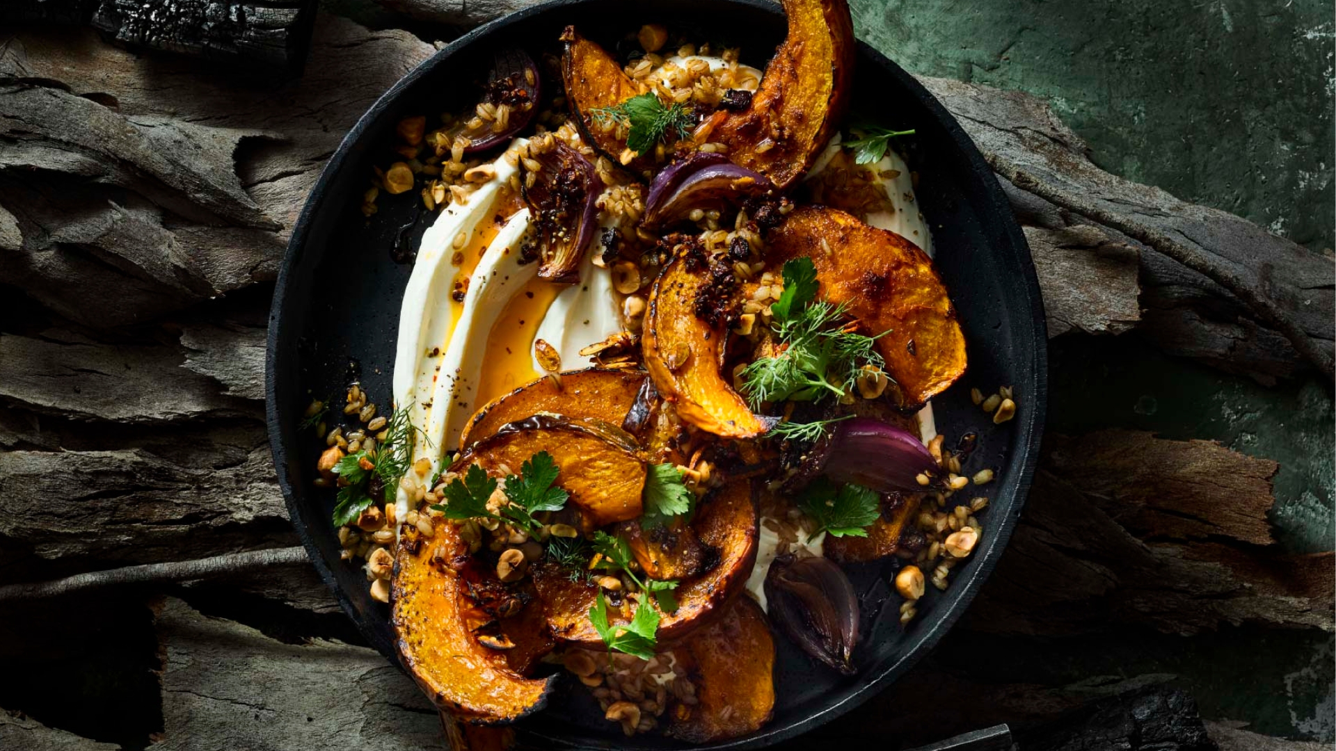 A hearty vegetarian roast with creamy labneh