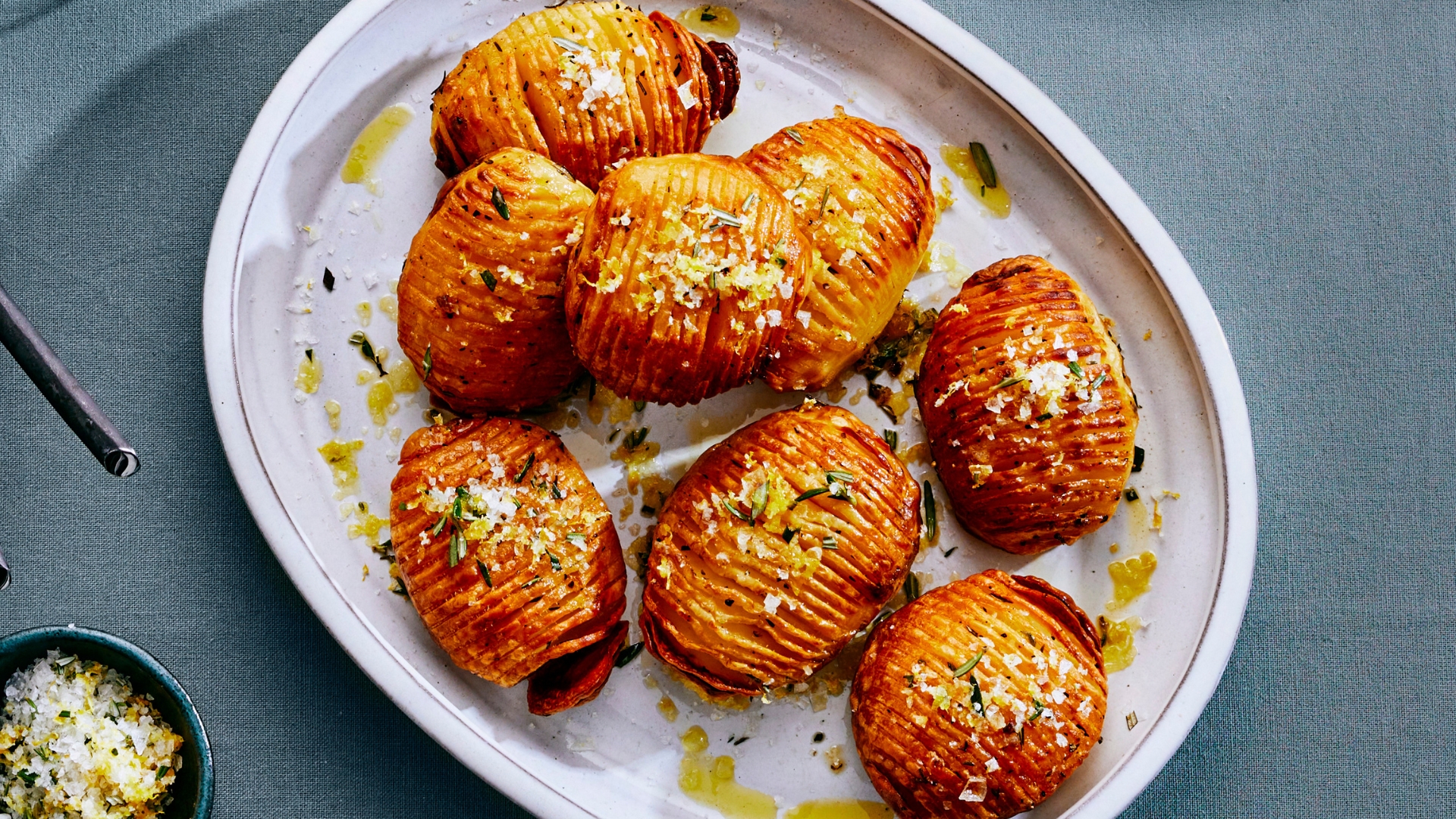 Golden hasselback potatoes with rosemary salt