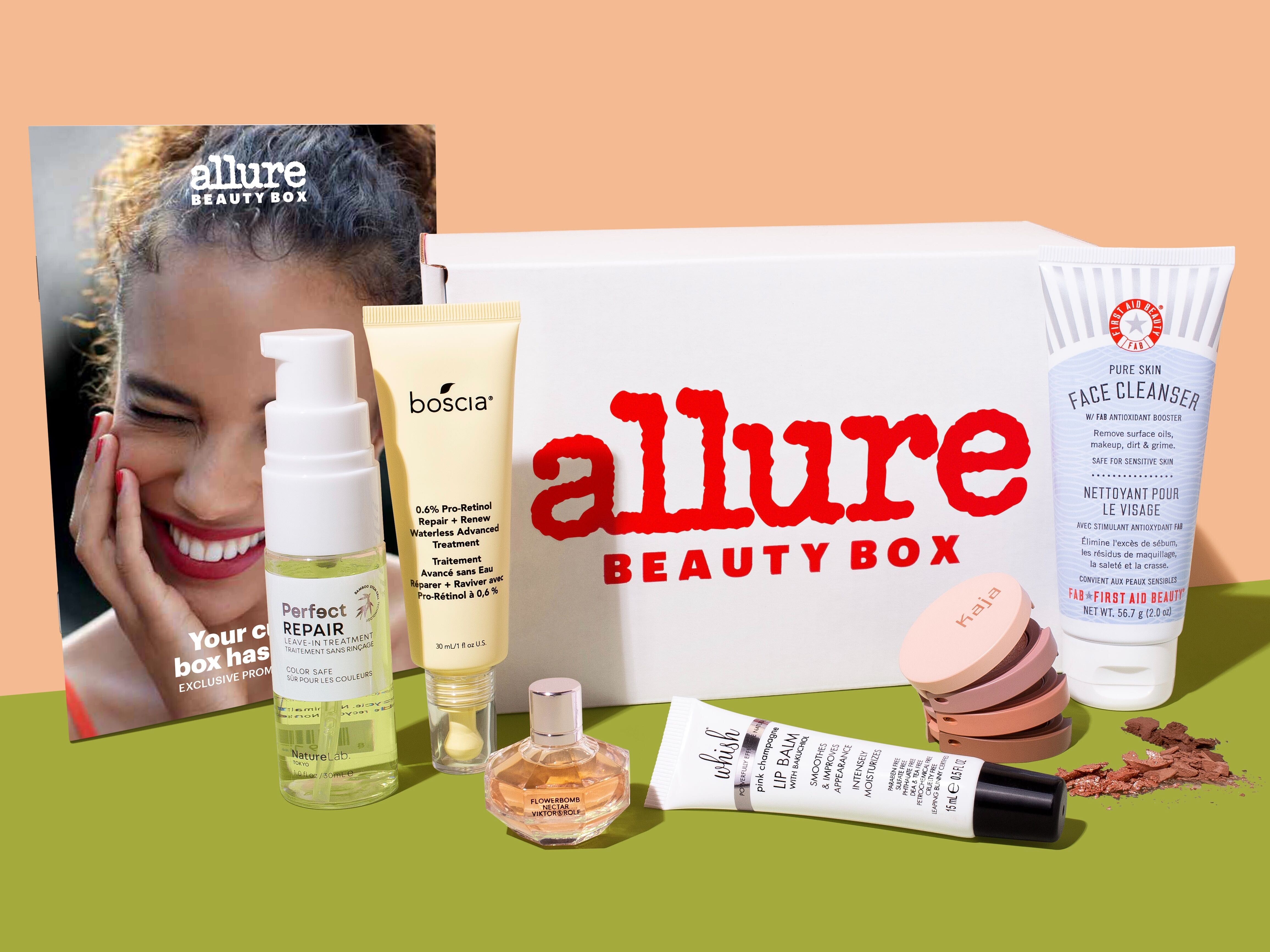Photo of the October Allure Beauty Box against a green and peach background.