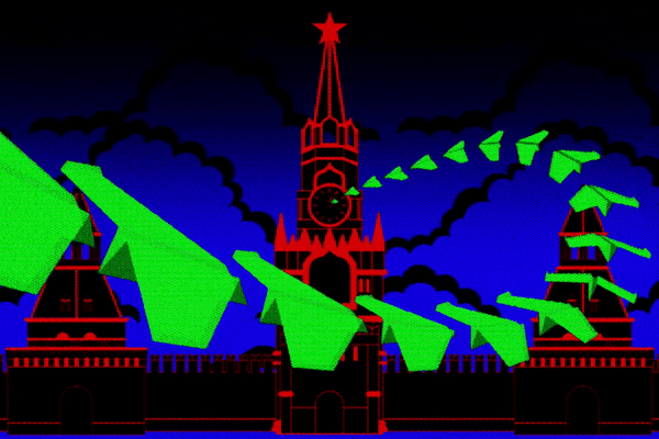 Ominous animation of the Kremlin with neon green paper airplanes flying into the clock tower and dark blue clouds moving in the background.