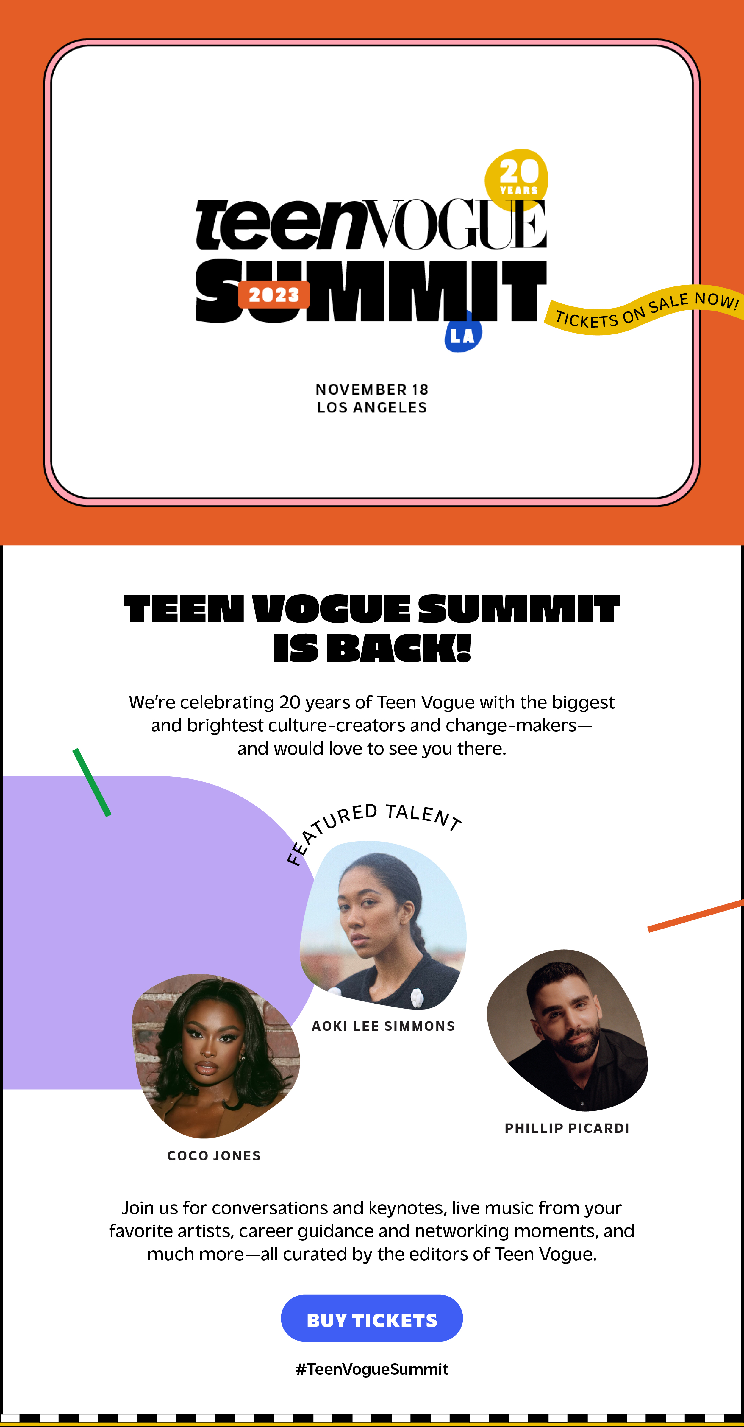 Graphic collage of Aoki Lee Simmons, Coco Jones, and Phillip Picardi with text detailing Teen Vogue Summit 2023