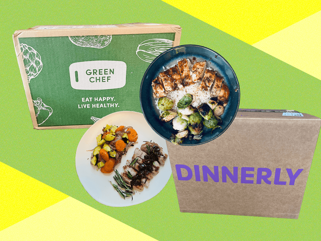 Collage of meal kit prep. Left: Overhead view of 2 slices of meat cooked in a pan. Center. Overhead view of prepackaged ingredients and instructions on countertop. Right: Cooked meal on plate.