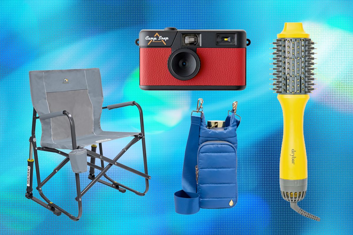 Brown handbag, green e-reader, and beige and brown checkered purse. Decorative background: blue slate texture.