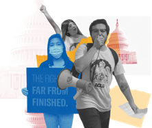 Protesters and the U.S. Capitol building.