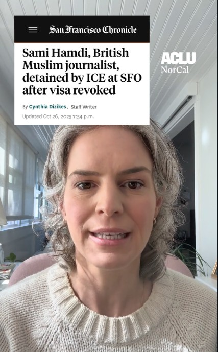 a video Staff speaking about an article on San Franscico Chronicle, 'Sami Hamdi, British Muslim journalist, detained bu ICE at SFO after visa revoked. 