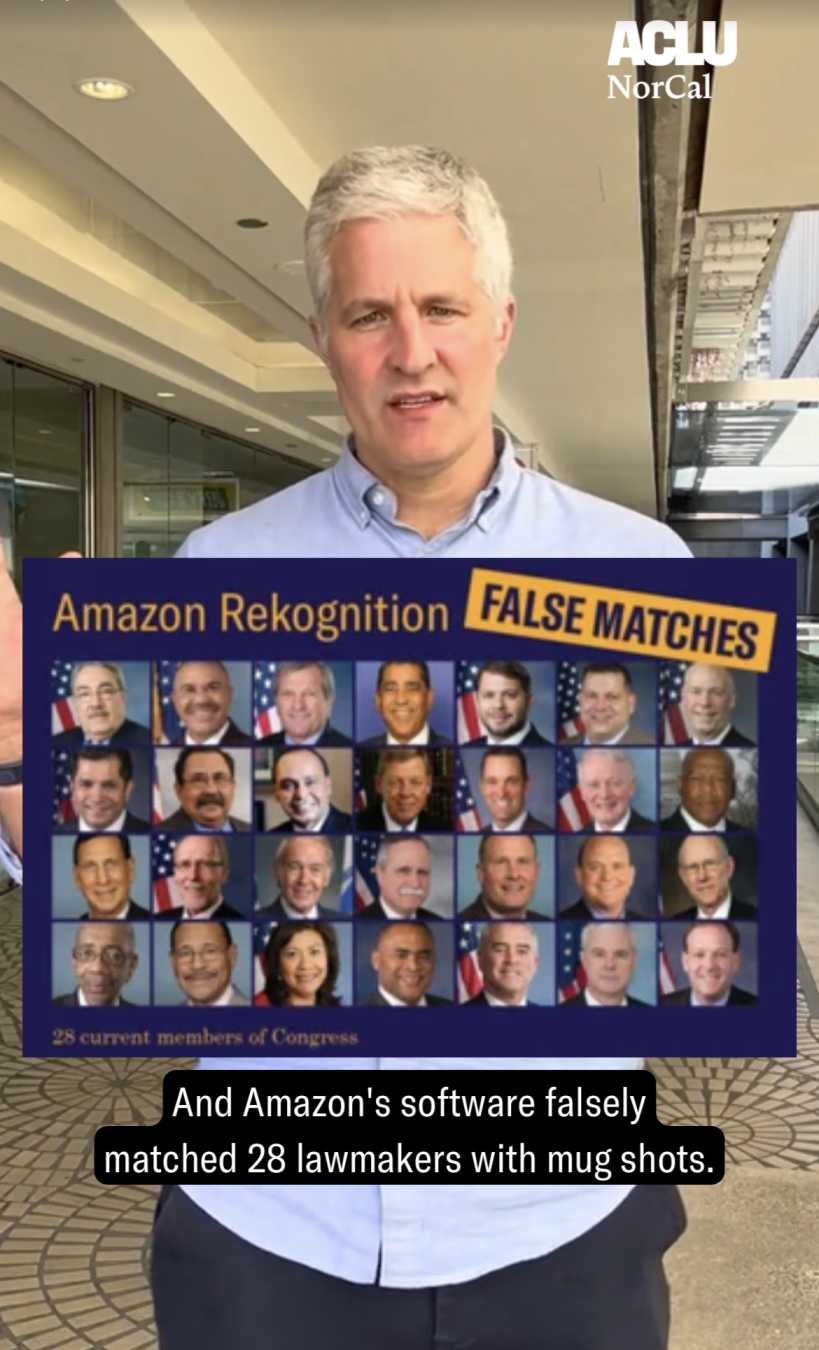 Amazon's Rekognition technology has falsely matched 28 members of Congress with mugshots of other people.