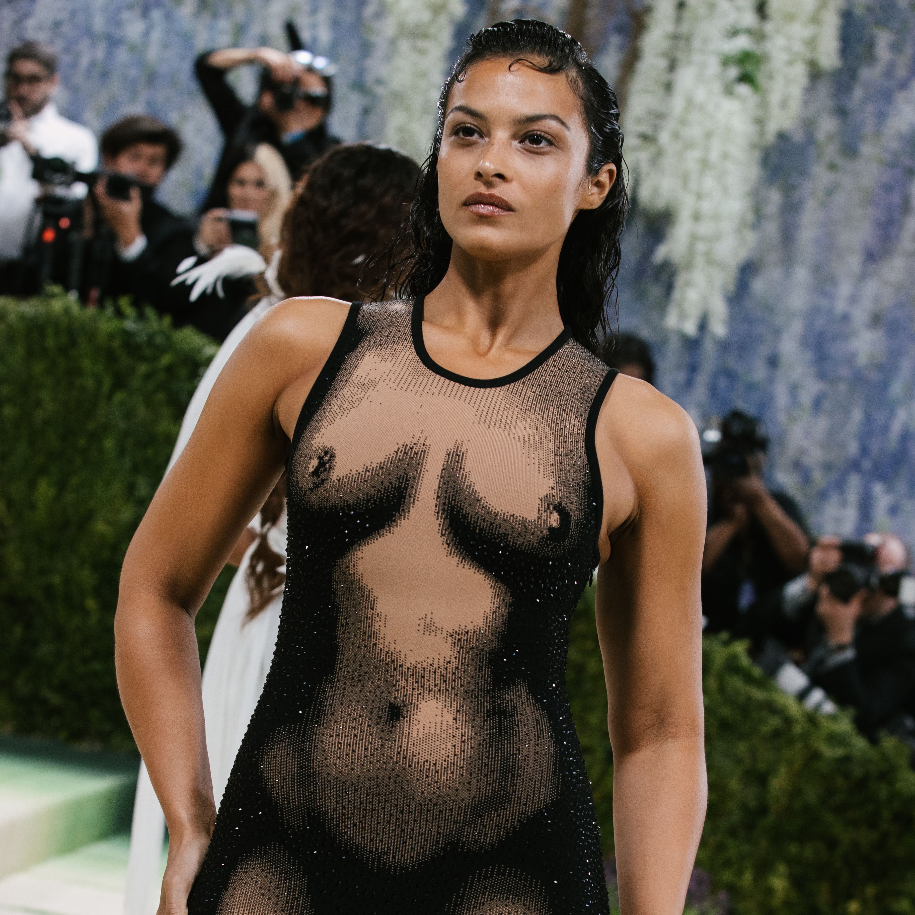 Image may contain: Gigi Hadid, Steve Biko, Penaz Masani, Clothing, Dress, Formal Wear, Evening Dress, Adult, and Person