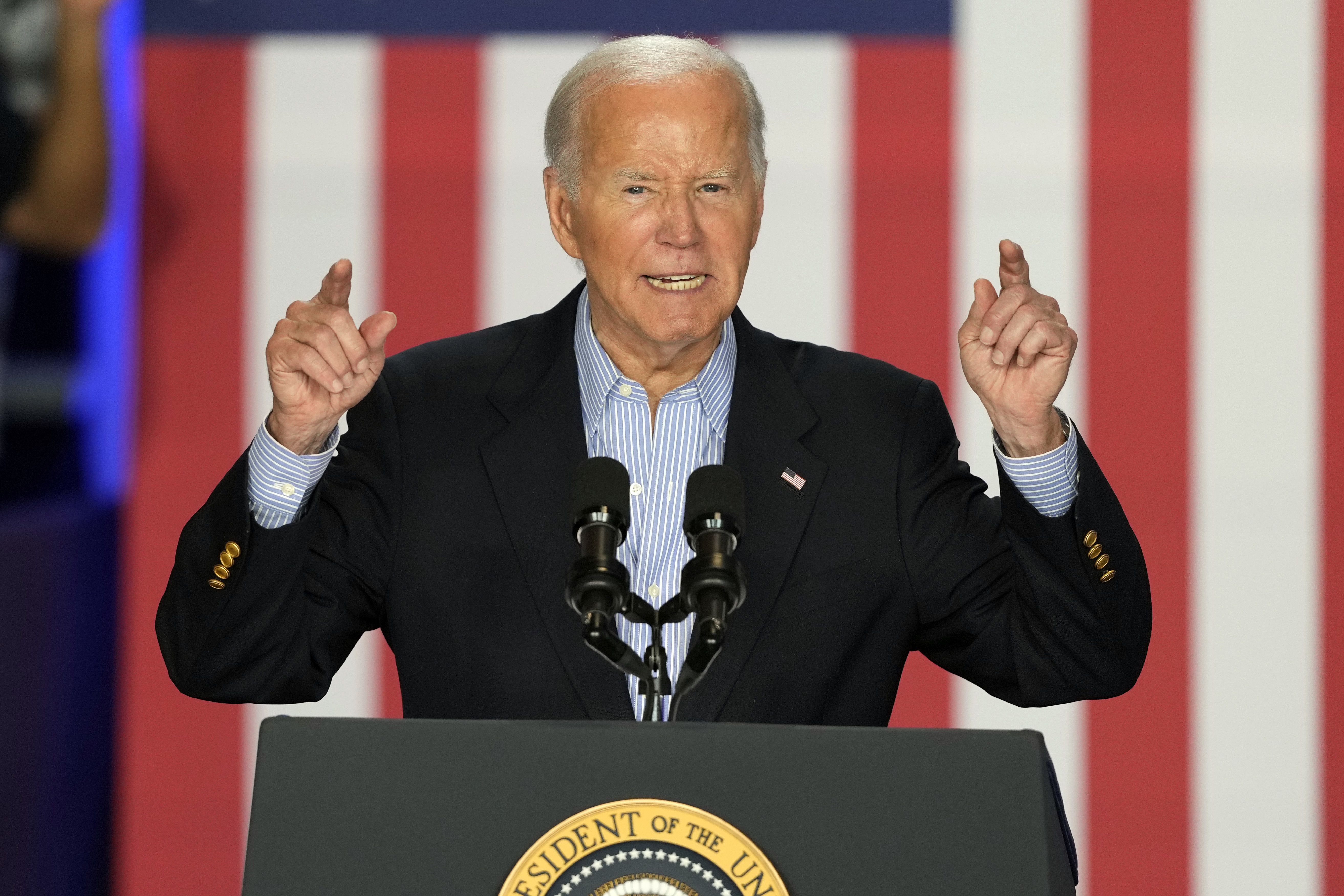  President Joe Biden speaks at a campaign rally at Sherman Middle School in Madison, Wisconsin on Friday.