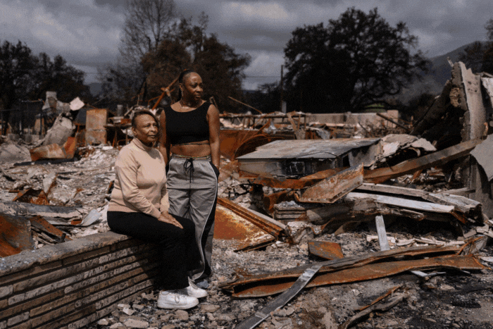 A gif photo slideshow of business owners Barbara Shay, Annisa Faquir and Renata Ortega survey the ruins of their businesses and homes destroyed by the Eaton Fire in Altadena, Calif., on Friday. (AP Photo/Jae C. Hong)