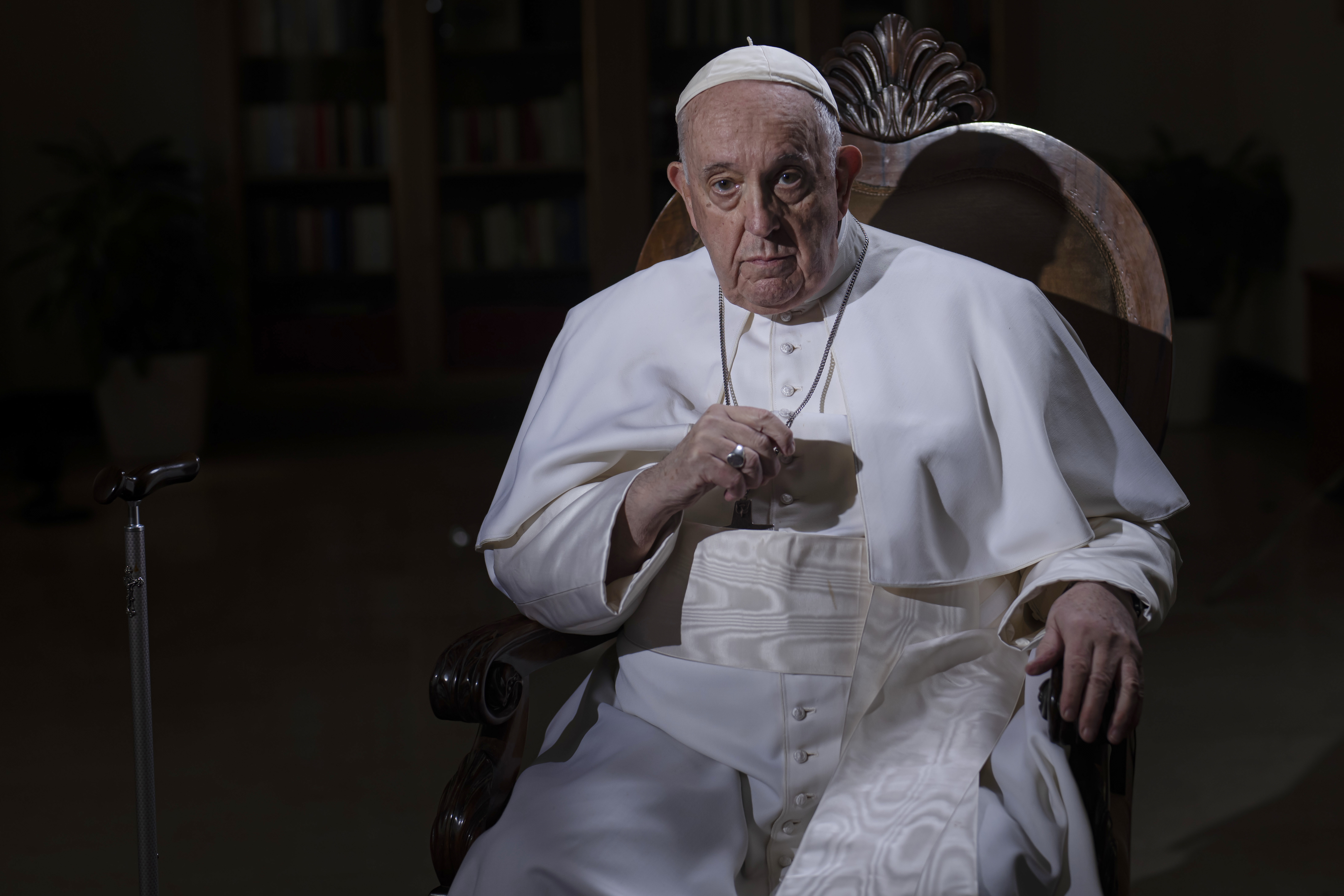Pope Francis pauses during an interview with The Associated Press at The Vatican in 2023. (AP Photo/Domenico Stinellis, File).