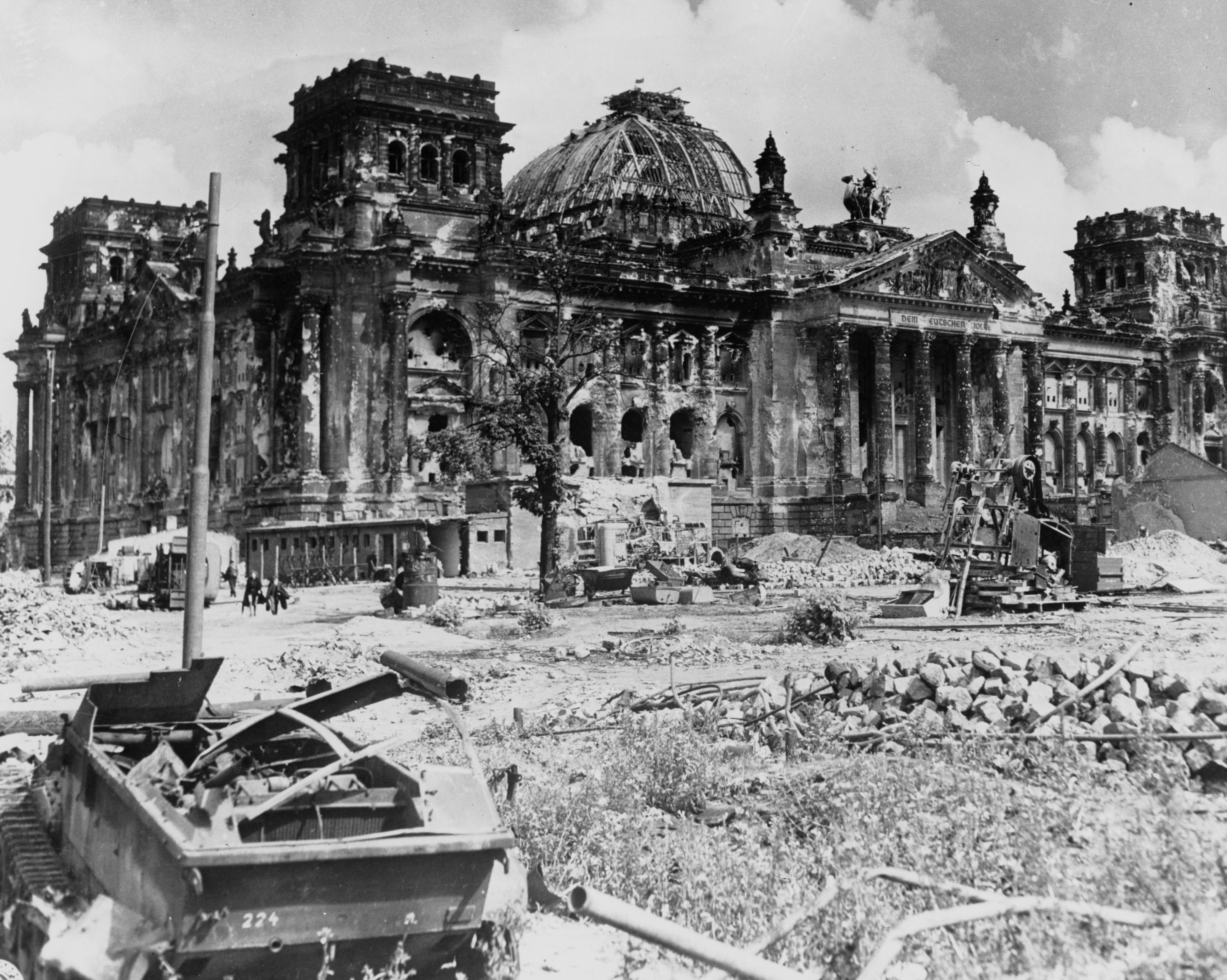 A view of the burned-out ruins of the German Reichstag in Berlin in this photo from August 1945, three months after the Nazis surrendered to the Allied Powers on May 8, 1945. (AP Photo, file).