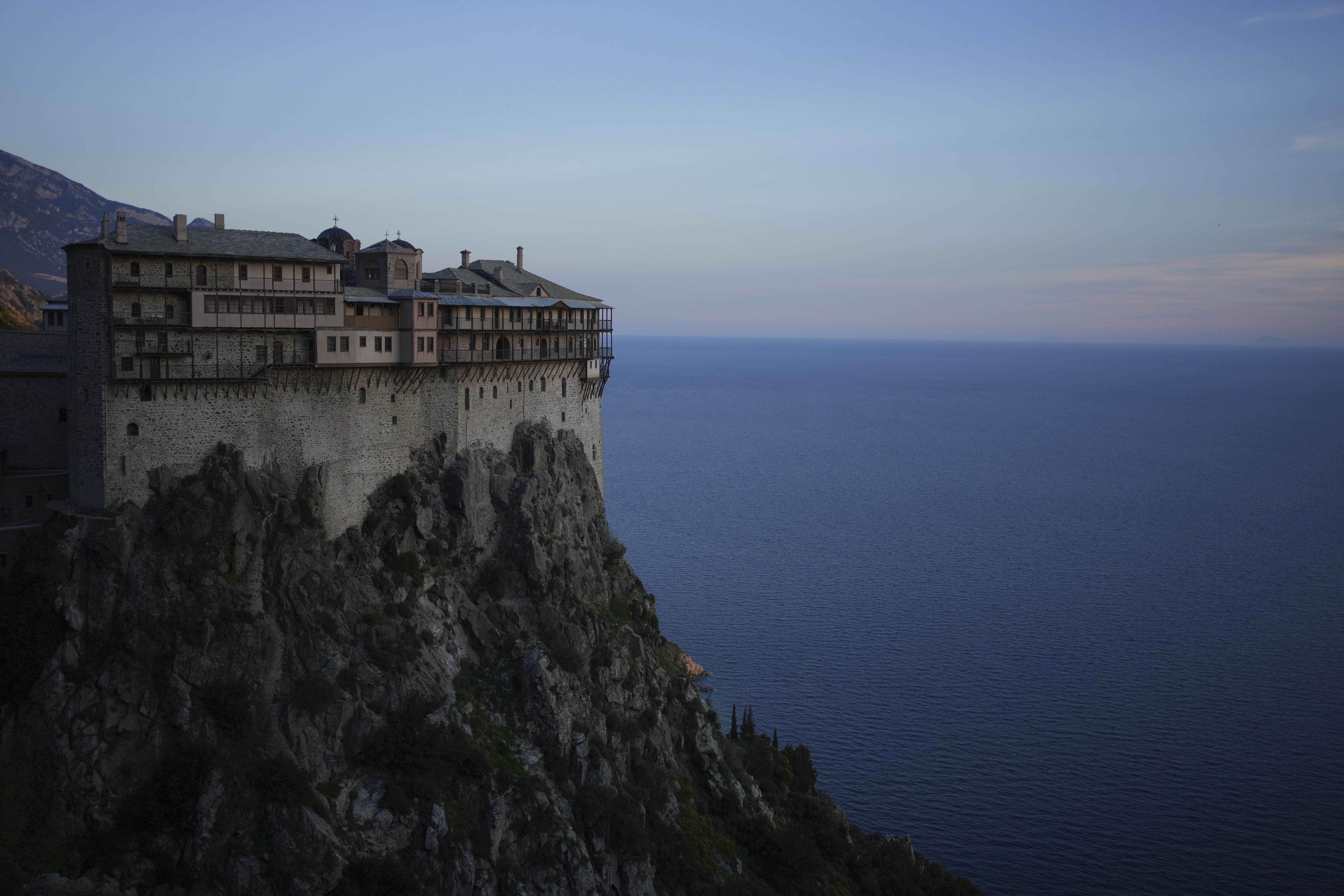 Simonopetra, or the Simonos Petra Monastery, home of the all-male autonomous community Agion Oros, or Holy Mountain, stands on the peninsula of Mount Athos in northern Greece, in April. (AP Photo/Thanassis Stavrakis).