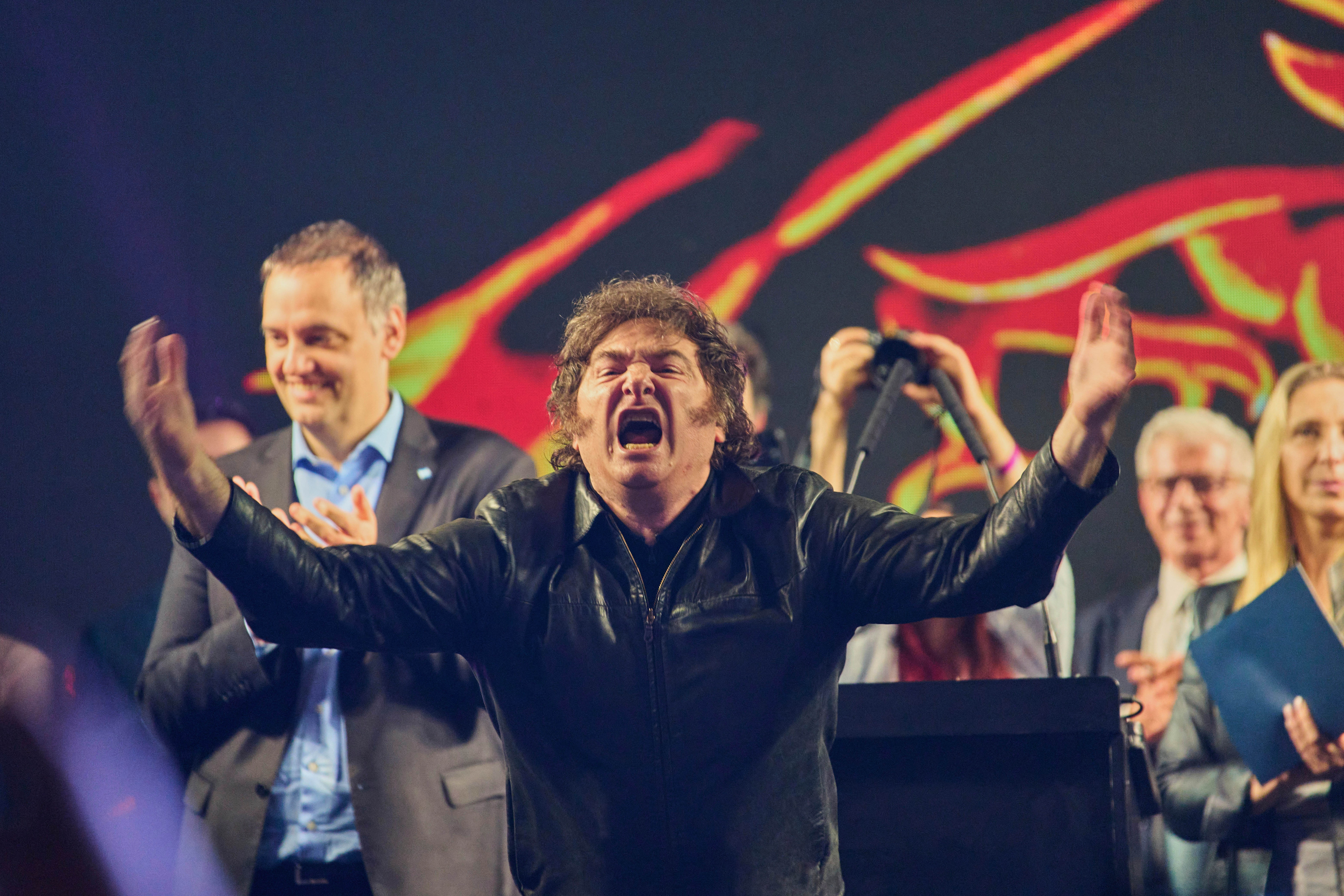 Argentina's President Javier Milei greets supporters during the closing campaign rally for Manuel Adorni, a contender in the upcoming elections for the Buenos Aires city legislature, in Buenos Aires, Argentina on Wednesday. (AP Photo/Rodrigo Abd).