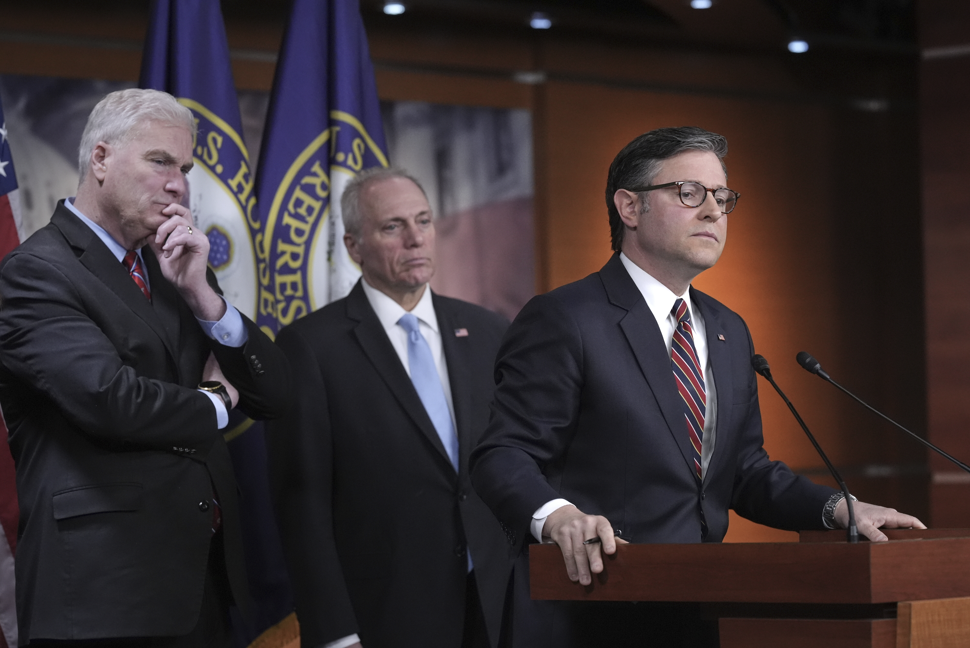 Speaker of the House Mike Johnson, R-La., joined from left by House Majority Whip Tom Emmer, R-Minn., and House Majority Leader Steve Scalise, R-La., talks to reporters about his push for a House-Senate compromise budget resolution at the Capitol in Washington, April 8. (AP Photo/J. Scott Applewhite).