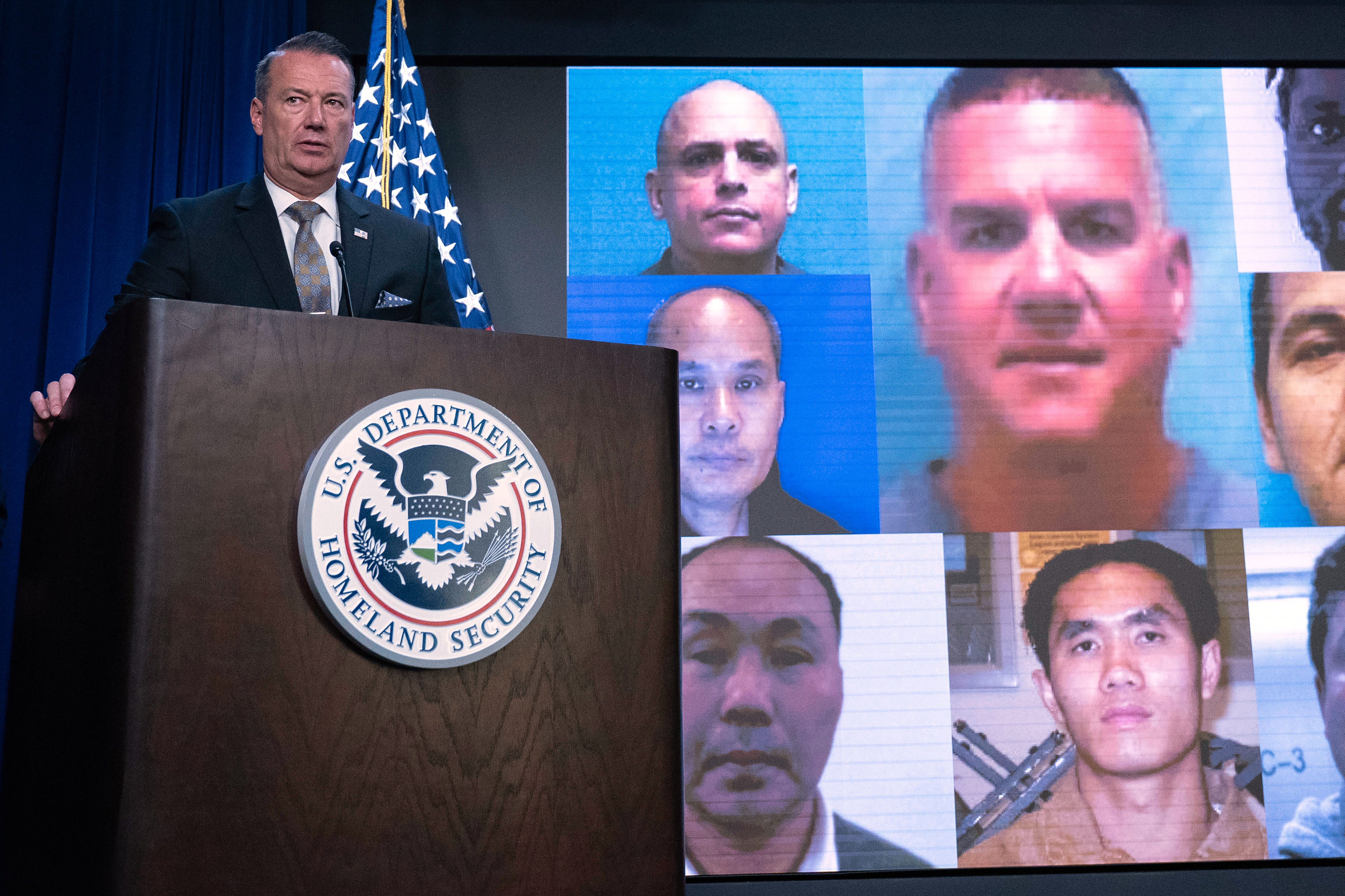 Acting director of U.S. Immigration and Customs Enforcement (ICE) Todd Lyons, speaks during a news conference at ICE Headquarters, in Washington, Wednesday, May 21, 2025. (AP Photo/Jose Luis Magana).