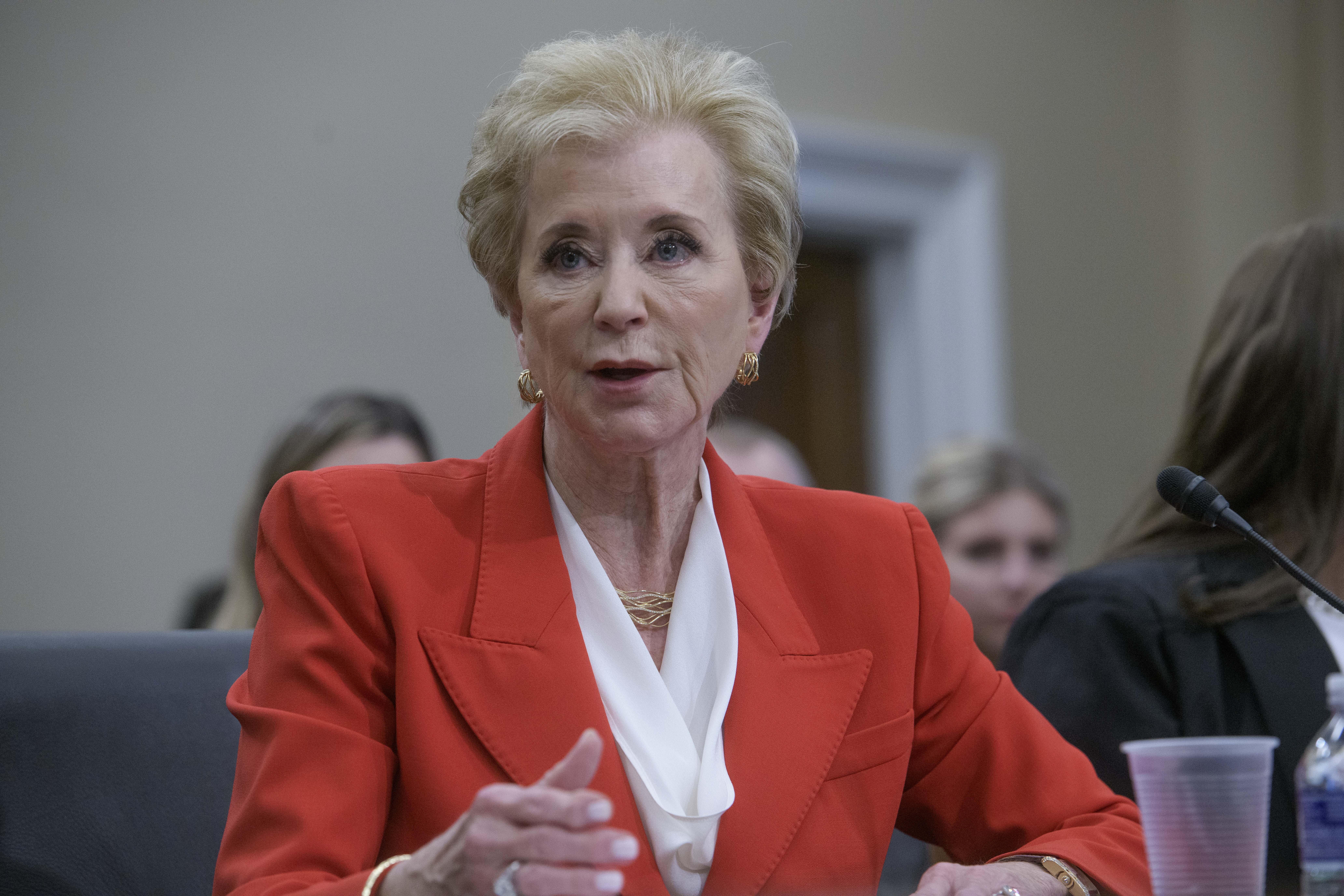 Secretary of Education Linda McMahon testifies before a House Committee on Appropriations subcommittee budget hearing on the US Department of Education on Capitol Hill on Wednesday in Washington. (AP Photo/Rod Lamkey, Jr.).