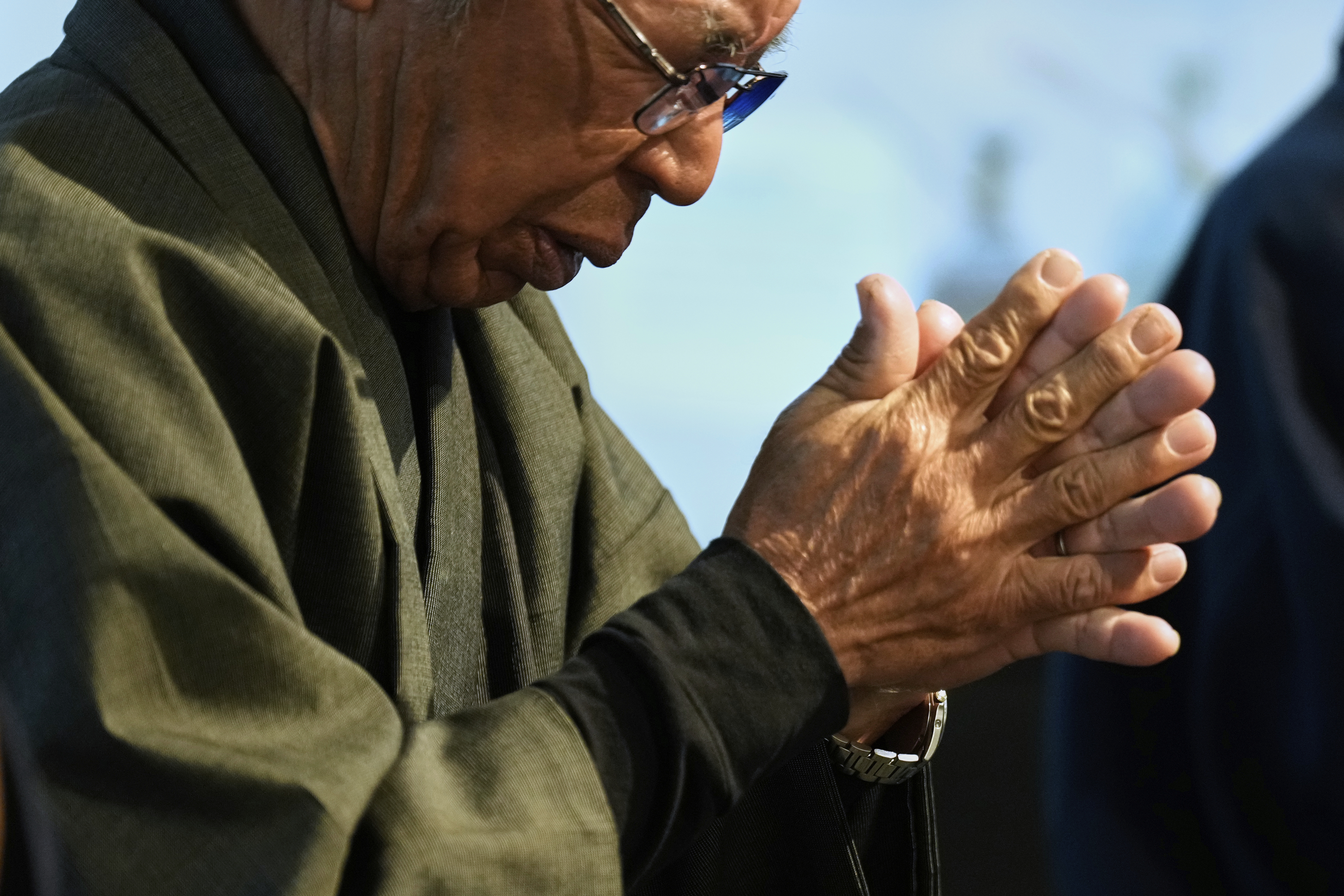 Yoshitaka Oishi and others chant ''Orasho'' prayers during their annual performance at the Ikitsuki Island Museum ''Shima no Yakata'' in Ikitsuki Island in Hirado, southern Japan on April 29. (AP Photo/Hiro Komae).