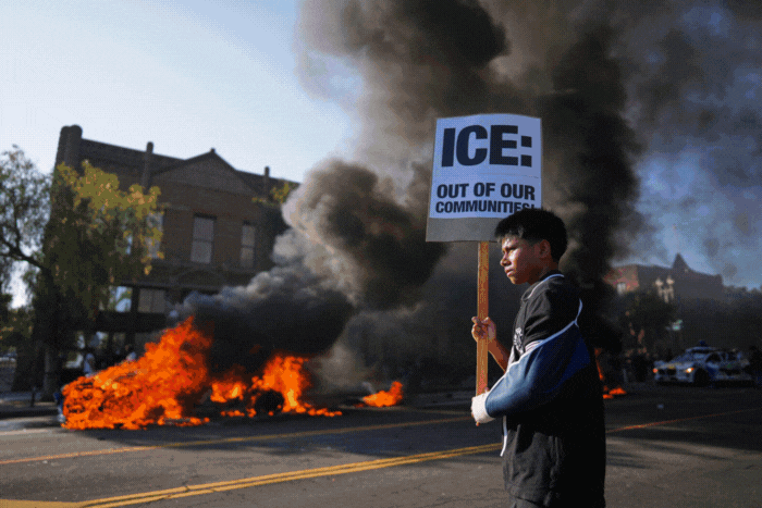 A GIF photo slideshow shows as tensions intensified in Los Angeles on Sunday after President Trump deployed hundreds of National Guard troops following demonstrations against immigration crackdowns. (AP Photos/Jae C. Hong and Eric Thayer).