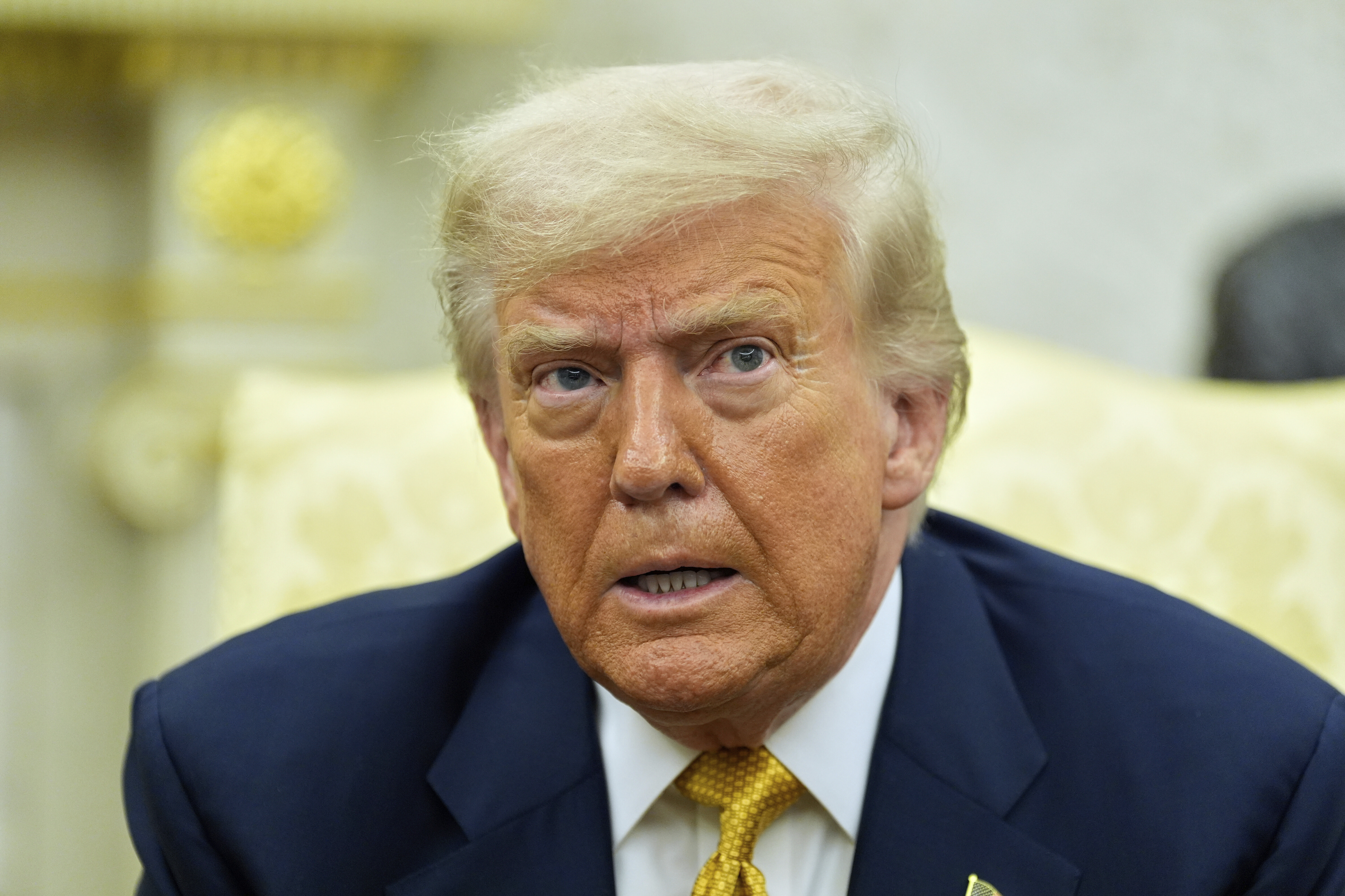 President Donald Trump speaks during a meeting with Bahrain's Crown Prince Salman bin Hamad Al Khalifa in the Oval Office of the White House on Wednesday. (AP Photo/Alex Brandon).