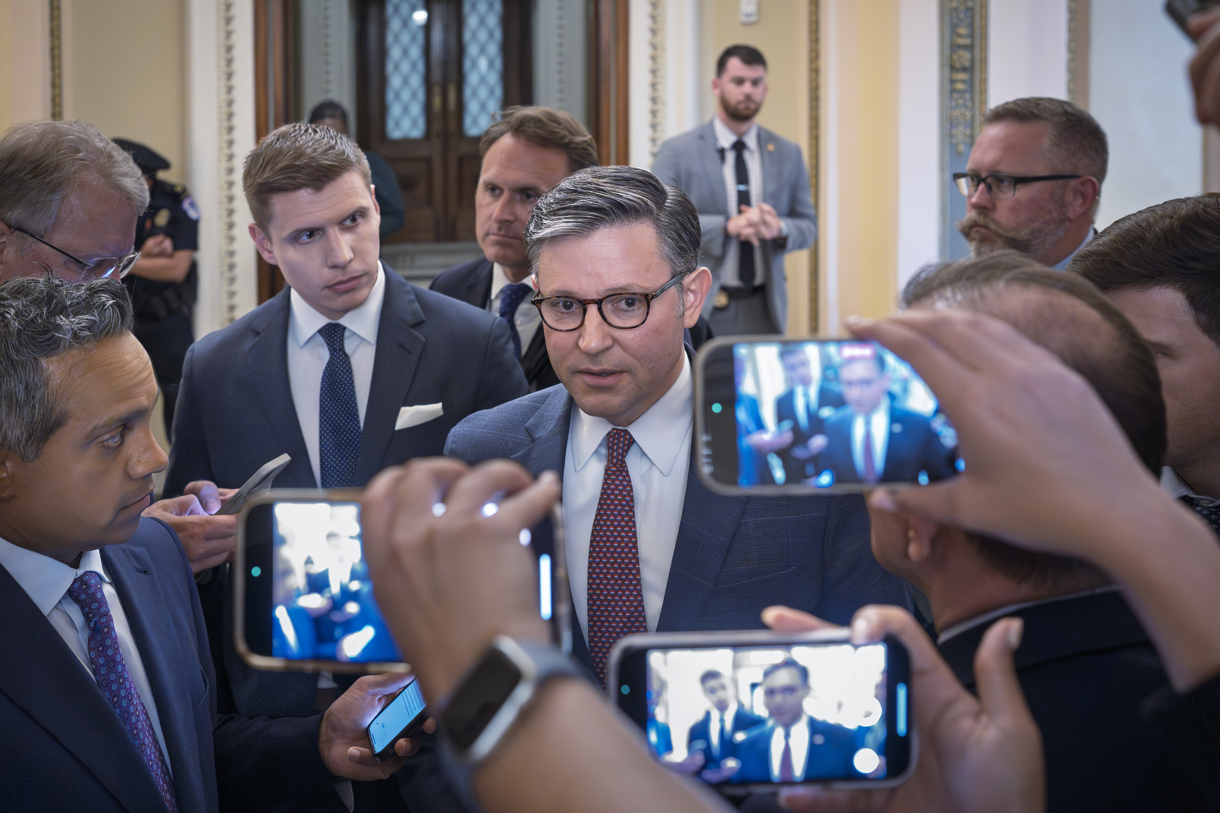Speaker of the House Mike Johnson, R-La., stops to answer reporters about calls to release documents related to Jeffrey Epstein, at the Capitol in Washington on Monday. (AP Photo/J. Scott Applewhite)